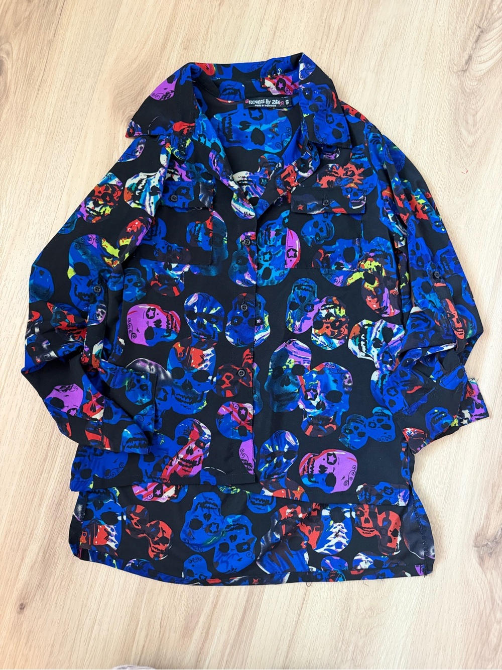 Flowers by Zoe Blue and Black Skull Print Button-Up